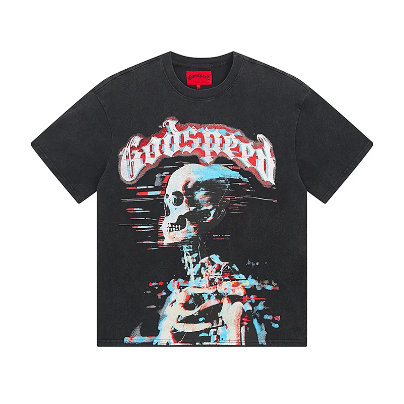 1027# P126 Washed Black Real Shot Godspeed American Fashion Rock Street Retro Washed Distressed Printed Cotton Short Sleeves Fabric: 250g 32 Count Fine Cotton Double Yarn Pure Cotton Color: Washed Black Size: S M L XL