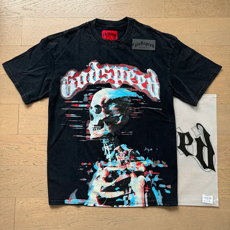 1027# P126 Washed Black Real Shot Godspeed American Fashion Rock Street Retro Washed Distressed Printed Cotton Short Sleeves Fabric: 250g 32 Count Fine Cotton Double Yarn Pure Cotton Color: Washed Black Size: S M L XL
