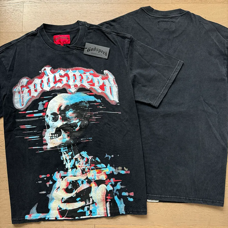 1027# P126 Washed Black Real Shot Godspeed American Fashion Rock Street Retro Washed Distressed Printed Cotton Short Sleeves Fabric: 250g 32 Count Fine Cotton Double Yarn Pure Cotton Color: Washed Black Size: S M L XL