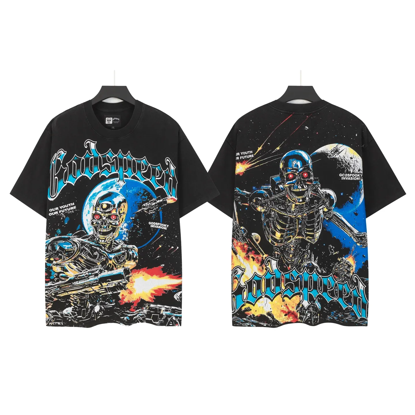 6101# Washed black | P116 High-definition printing. Soft touch Godspeed cross-border American rock and roll street washed retro style short-sleeved T (craft printing) Fabric (fabric): 32 counts combed double yarn 250 grams weight Size (size): S-M-L-XL Color (colour): Washed black