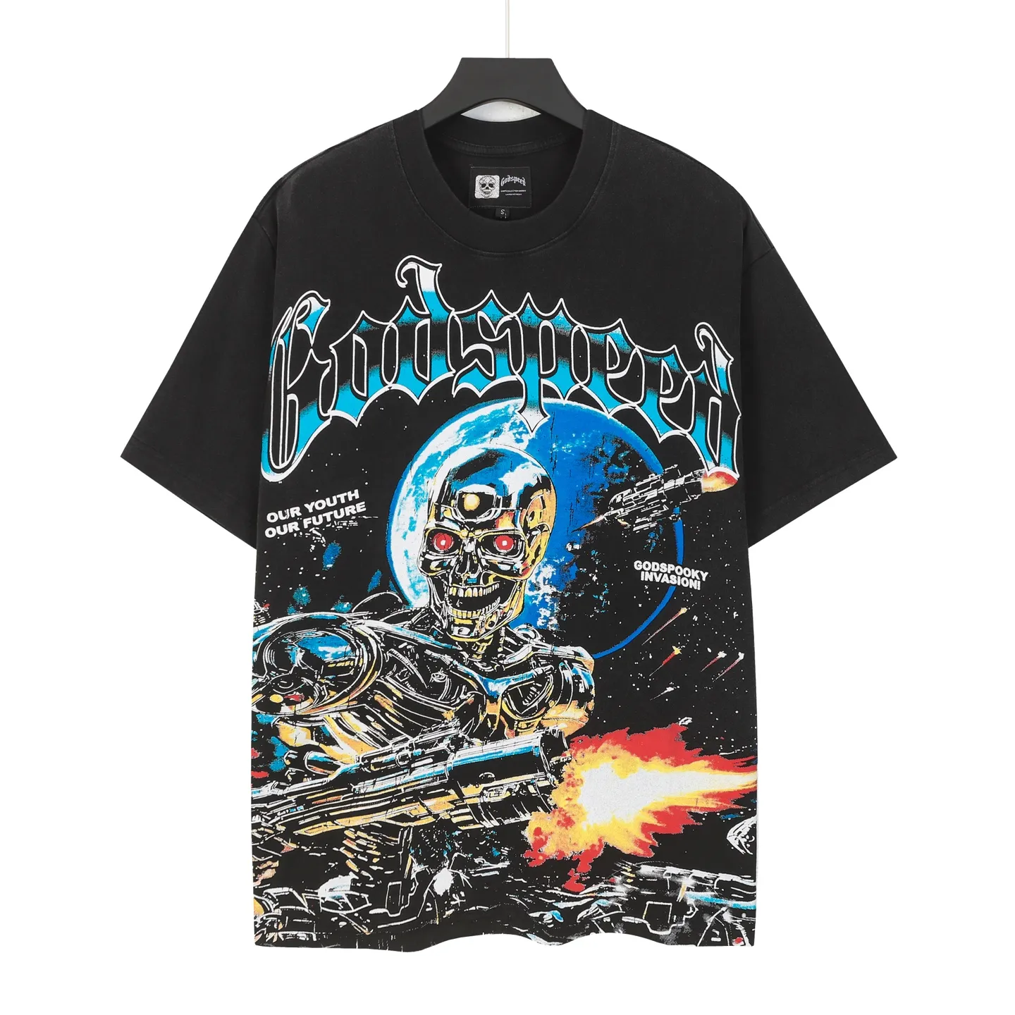 6101# Washed black | P116 High-definition printing. Soft touch Godspeed cross-border American rock and roll street washed retro style short-sleeved T (craft printing) Fabric (fabric): 32 counts combed double yarn 250 grams weight Size (size): S-M-L-XL Color (colour): Washed black
