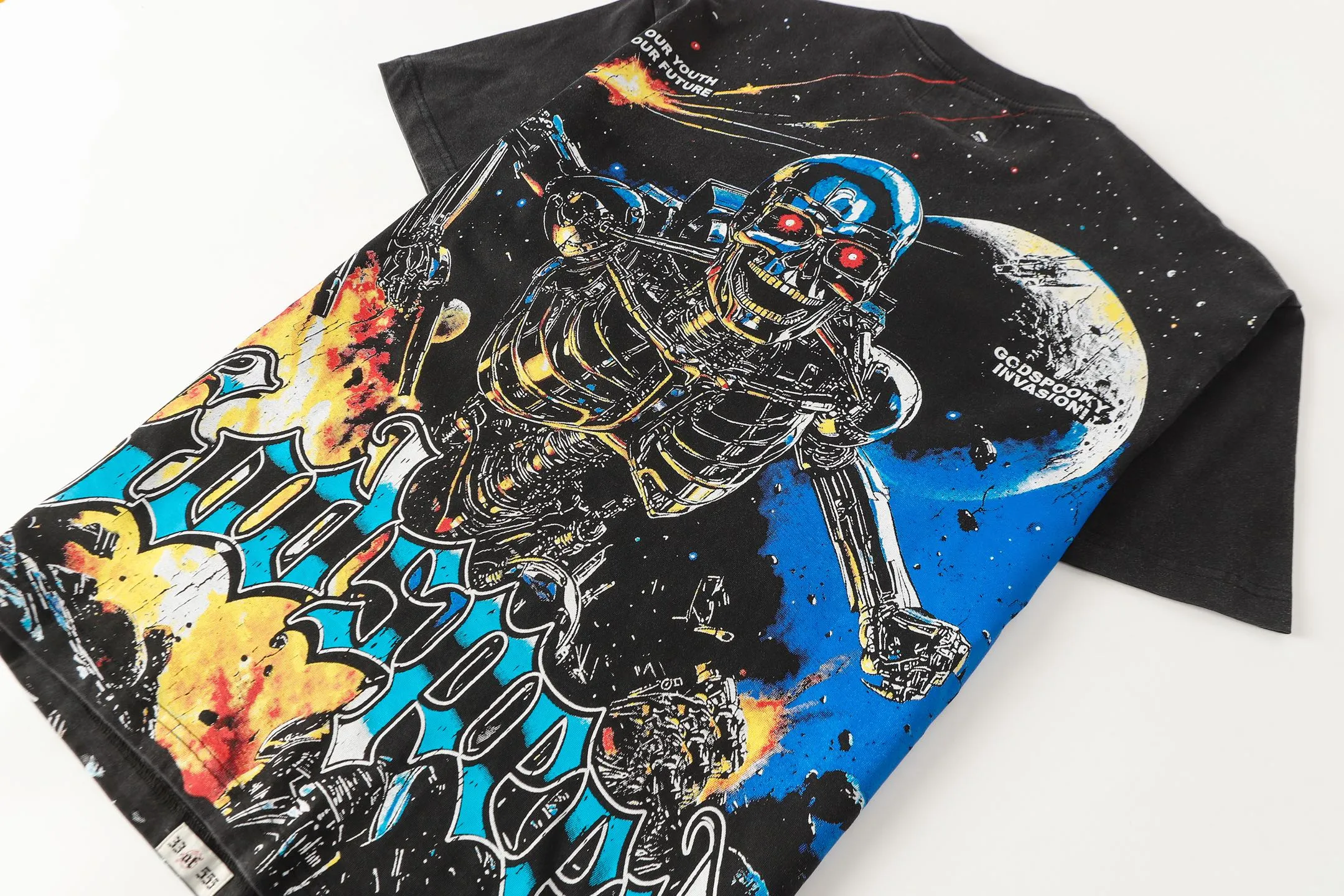 6101# Washed black | P116 High-definition printing. Soft touch Godspeed cross-border American rock and roll street washed retro style short-sleeved T (craft printing) Fabric (fabric): 32 counts combed double yarn 250 grams weight Size (size): S-M-L-XL Color (colour): Washed black