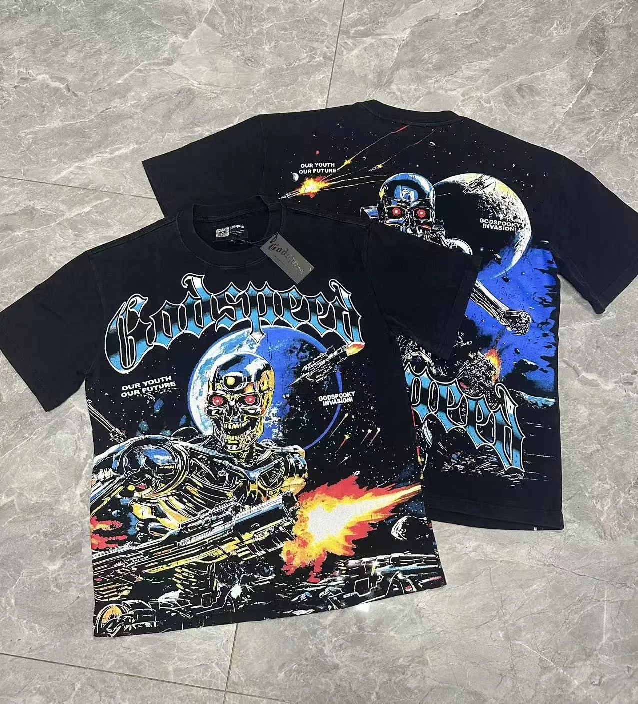 6101# Washed black | P116 High-definition printing. Soft touch Godspeed cross-border American rock and roll street washed retro style short-sleeved T (craft printing) Fabric (fabric): 32 counts combed double yarn 250 grams weight Size (size): S-M-L-XL Color (colour): Washed black