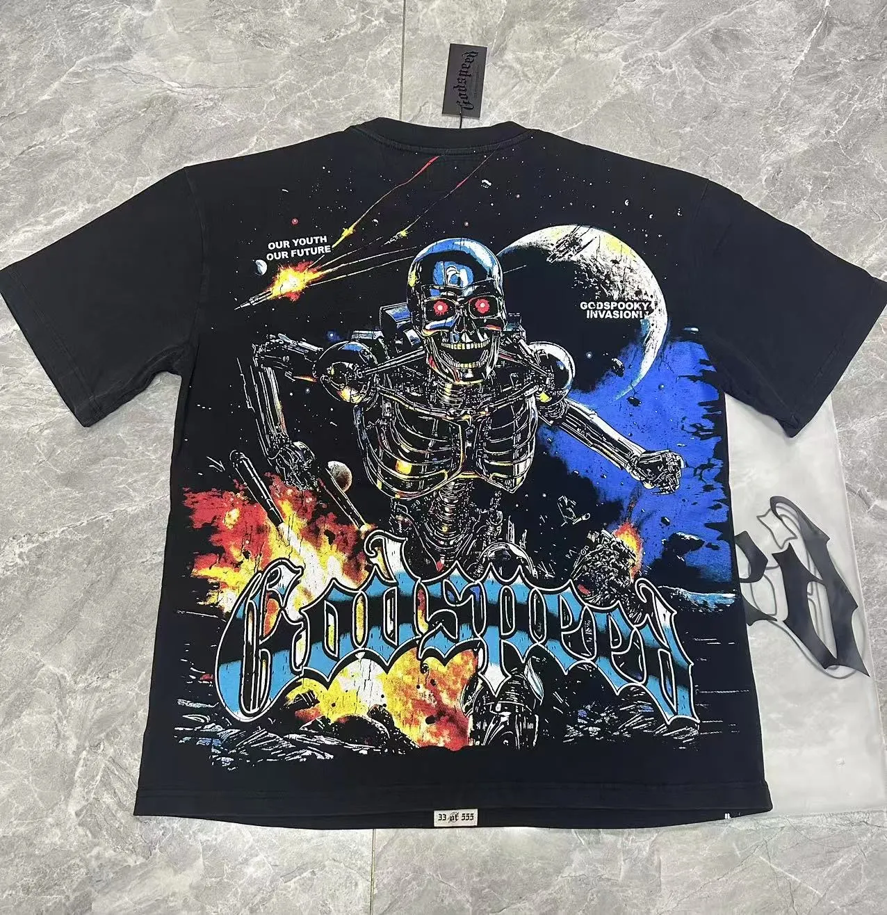 6101# Washed black | P116 High-definition printing. Soft touch Godspeed cross-border American rock and roll street washed retro style short-sleeved T (craft printing) Fabric (fabric): 32 counts combed double yarn 250 grams weight Size (size): S-M-L-XL Color (colour): Washed black