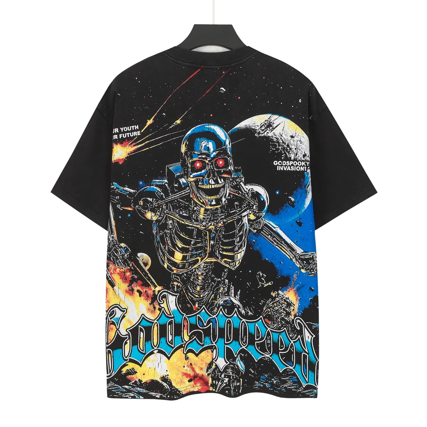 6101# Washed black | P116 High-definition printing. Soft touch Godspeed cross-border American rock and roll street washed retro style short-sleeved T (craft printing) Fabric (fabric): 32 counts combed double yarn 250 grams weight Size (size): S-M-L-XL Color (colour): Washed black