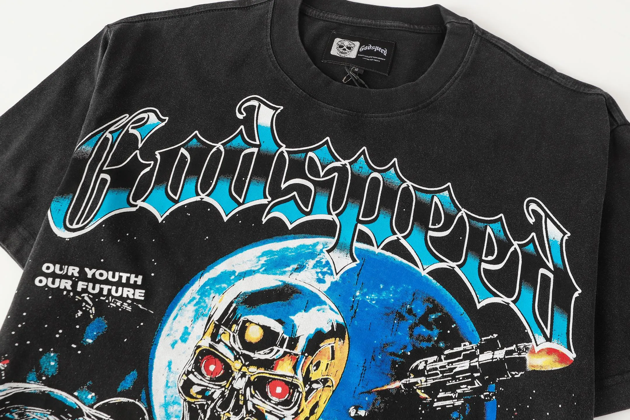 6101# Washed black | P116 High-definition printing. Soft touch Godspeed cross-border American rock and roll street washed retro style short-sleeved T (craft printing) Fabric (fabric): 32 counts combed double yarn 250 grams weight Size (size): S-M-L-XL Color (colour): Washed black