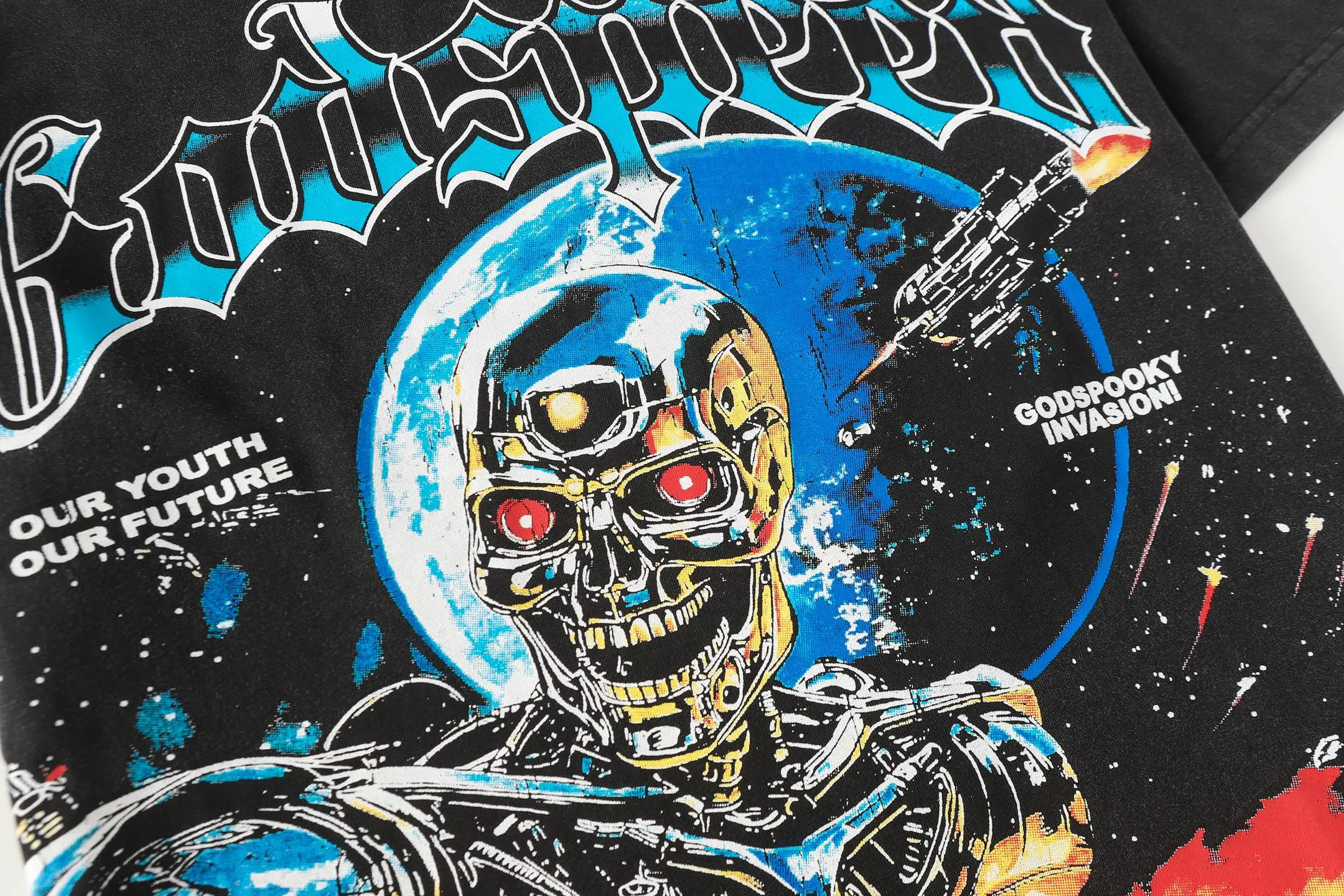 6101# Washed black | P116 High-definition printing. Soft touch Godspeed cross-border American rock and roll street washed retro style short-sleeved T (craft printing) Fabric (fabric): 32 counts combed double yarn 250 grams weight Size (size): S-M-L-XL Color (colour): Washed black