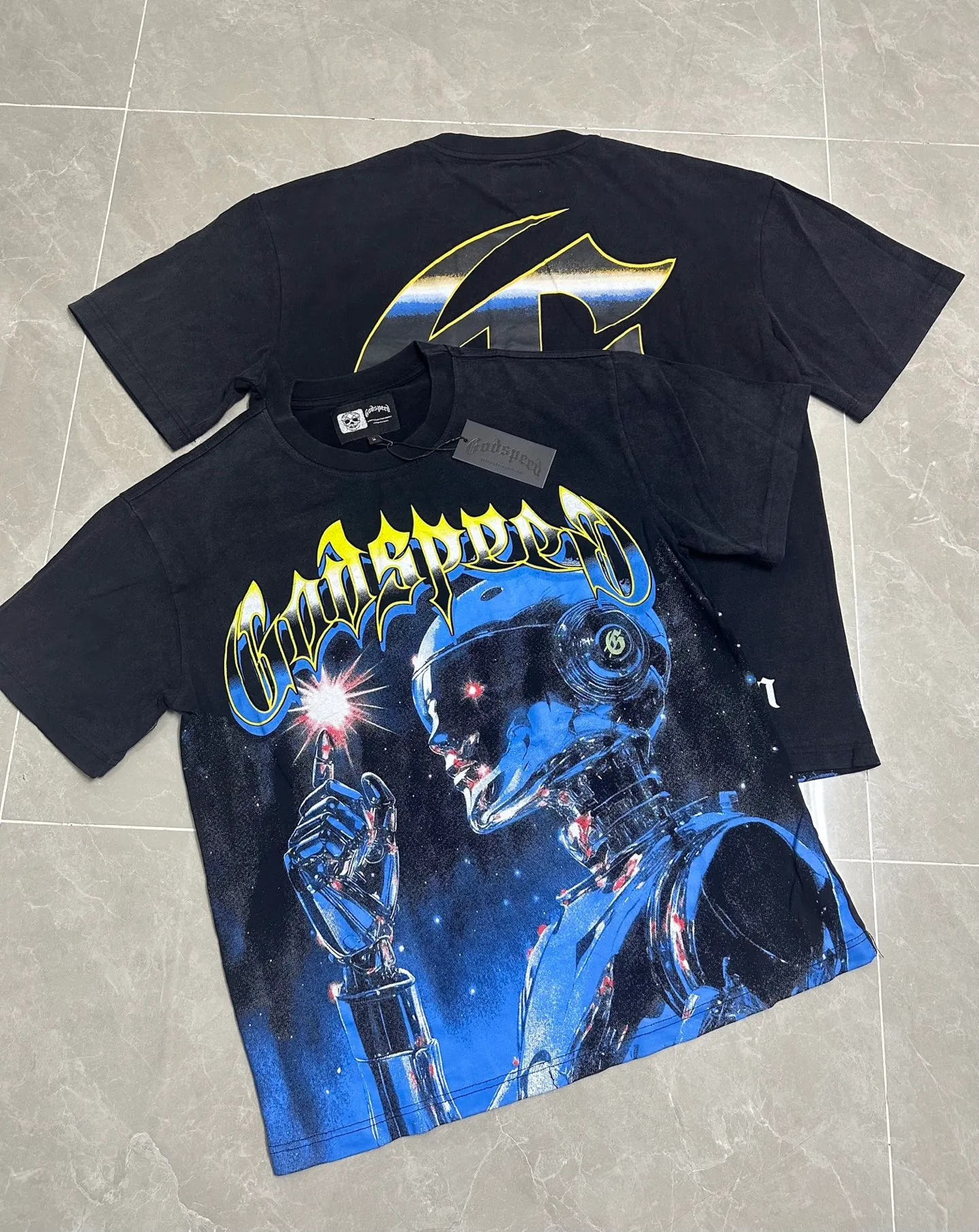 6122# Washed Black I P116 Real Spot (Beautiful Fashion Niche) Godspeed Cross-Border American Rock Street Washed Retro Style Short Sleeve T (Craft Printing) Fabric: 32 Count Combed Double Yarn 250g Weight Size: S-M-L-XL Color: Washed Black