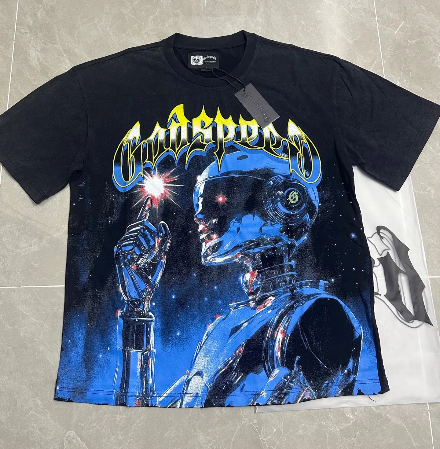 6122# Washed Black I P116 Real Spot (Beautiful Fashion Niche) Godspeed Cross-Border American Rock Street Washed Retro Style Short Sleeve T (Craft Printing) Fabric: 32 Count Combed Double Yarn 250g Weight Size: S-M-L-XL Color: Washed Black