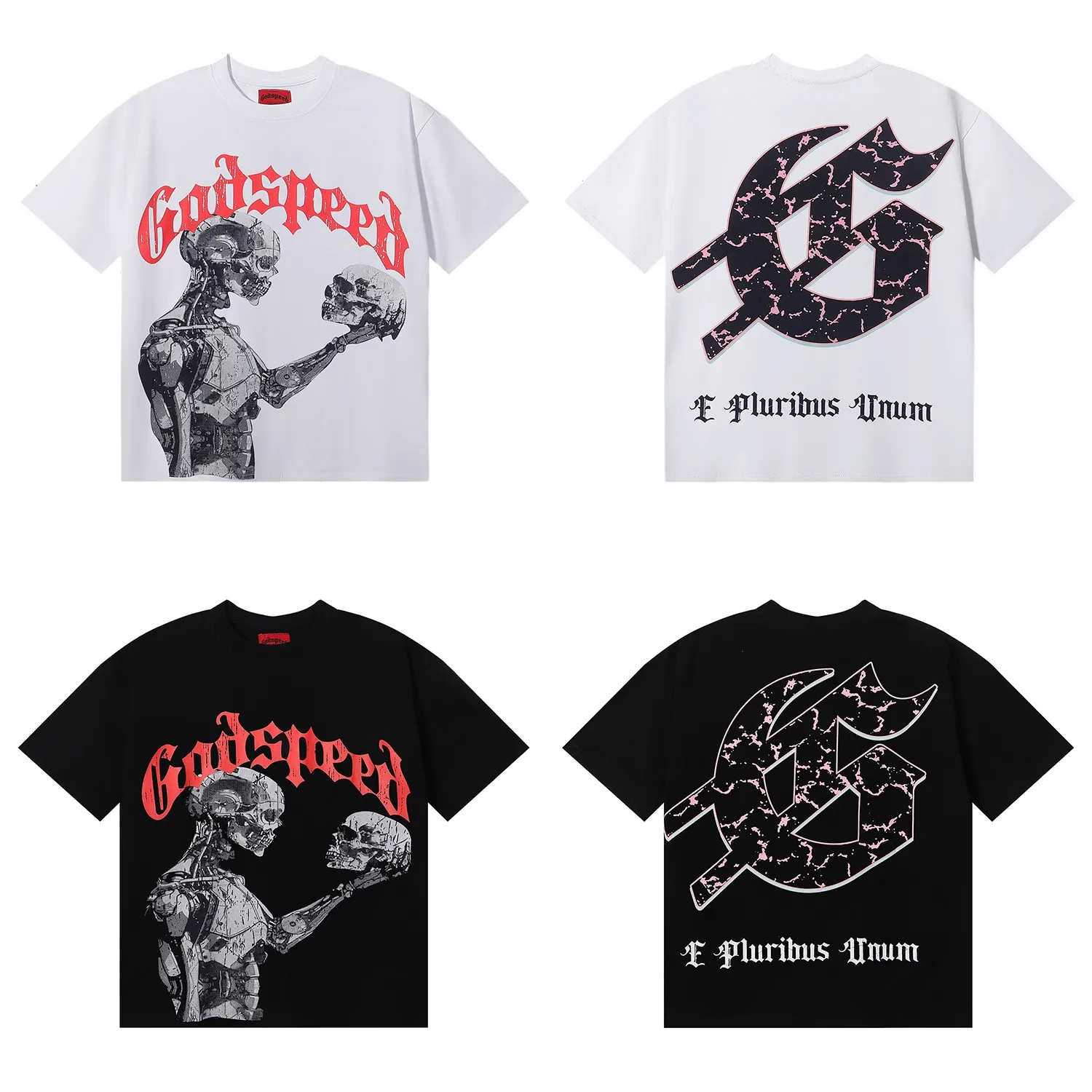 No. 7038, 2025 Meichao Godspeed technology staring skull print high quality double yarn pure cotton casual short-sleeved T-shirt batch 110 Color: black, white; Size: S M L XL