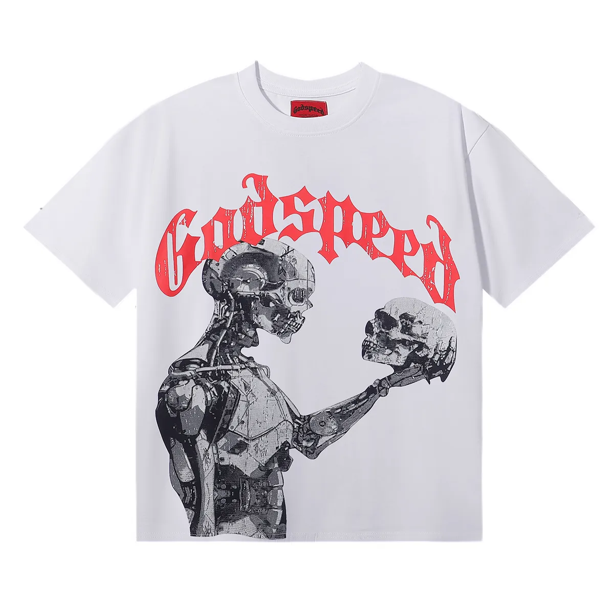No. 7038, 2025 Meichao Godspeed technology staring skull print high quality double yarn pure cotton casual short-sleeved T-shirt batch 110 Color: black, white; Size: S M L XL