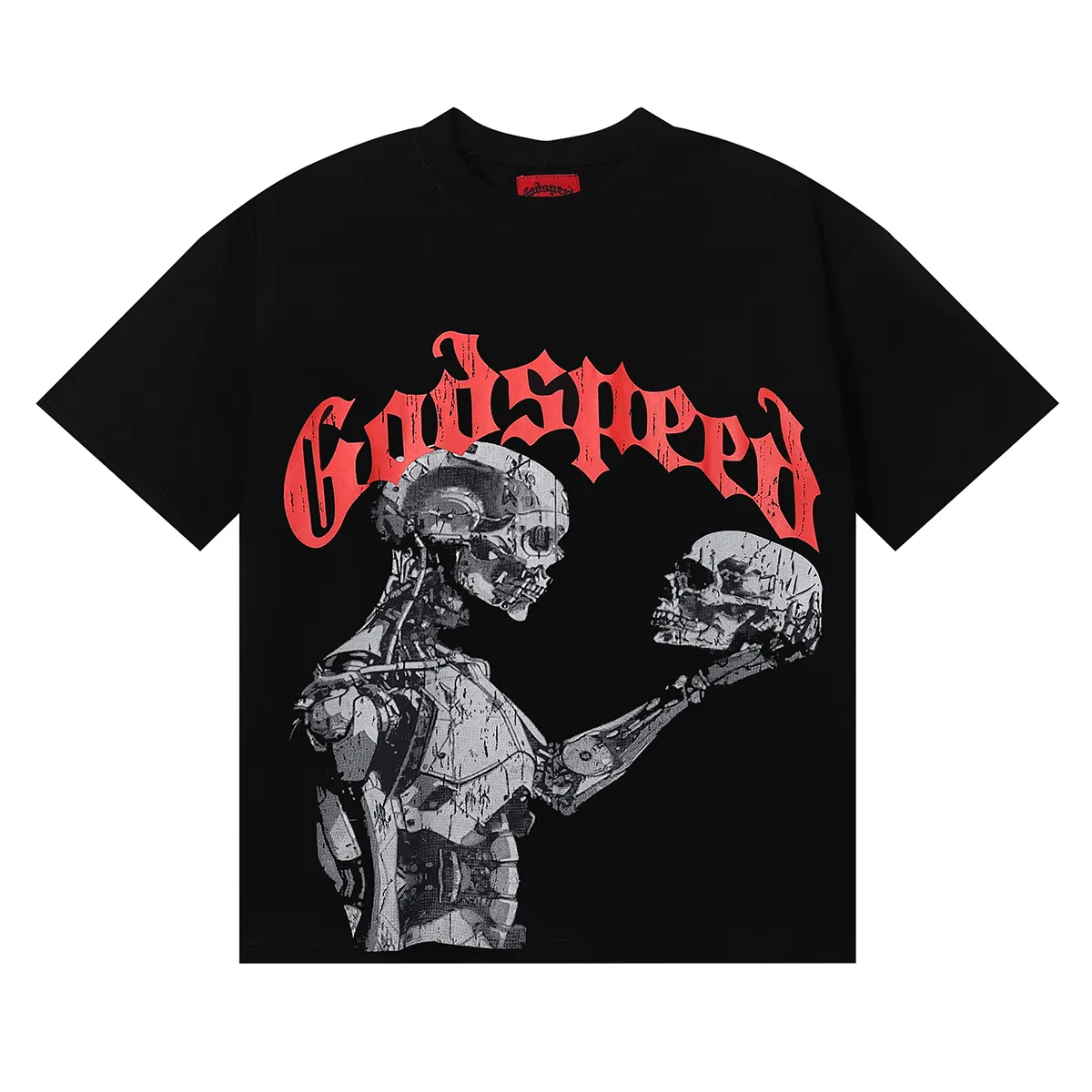 No. 7038, 2025 Meichao Godspeed technology staring skull print high quality double yarn pure cotton casual short-sleeved T-shirt batch 110 Color: black, white; Size: S M L XL