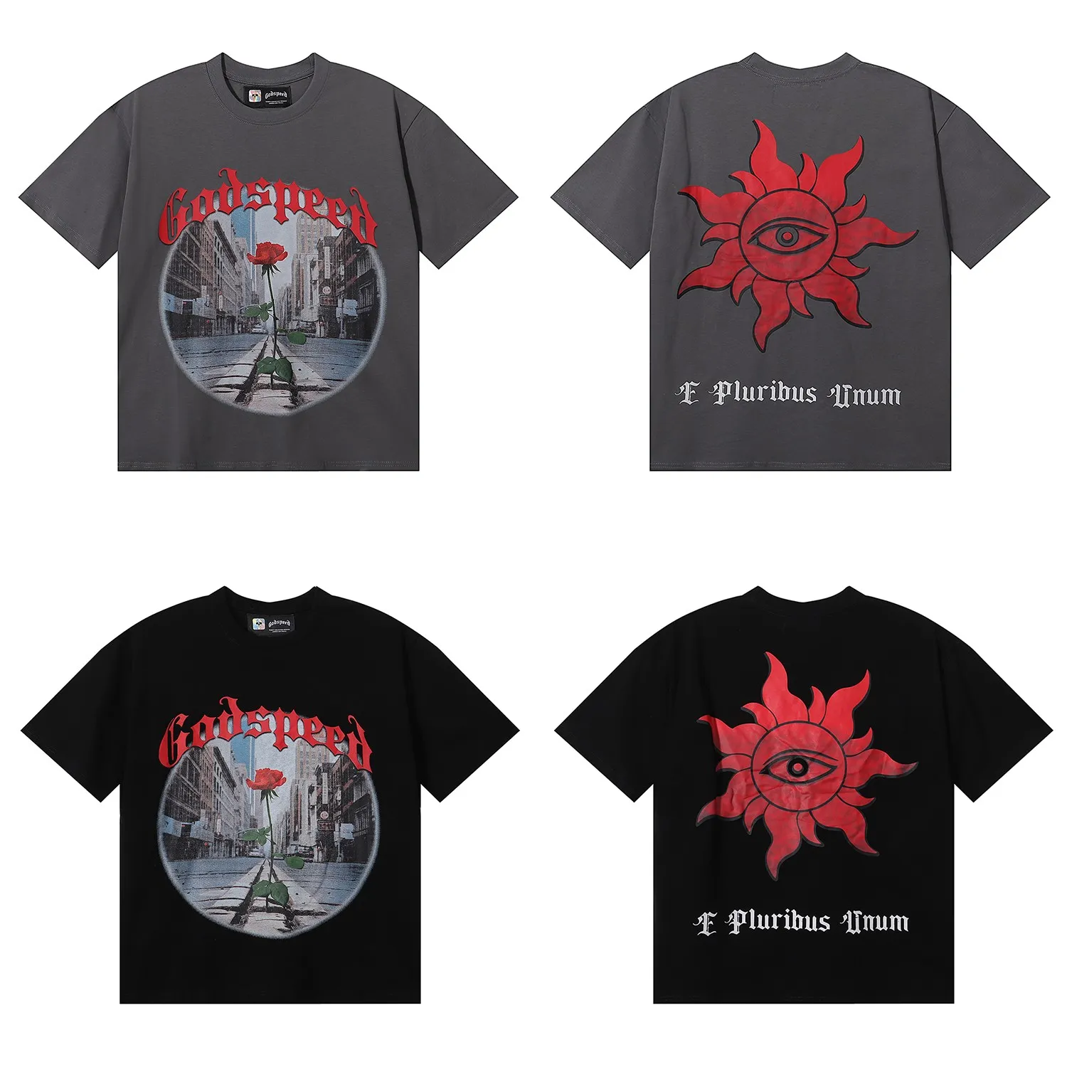 No. 7019, Mechao Godspeed street scene rose print high quality double yarn pure cotton casual short-sleeved T-shirt batch 110 Color: black, gray; Size: S M L XL