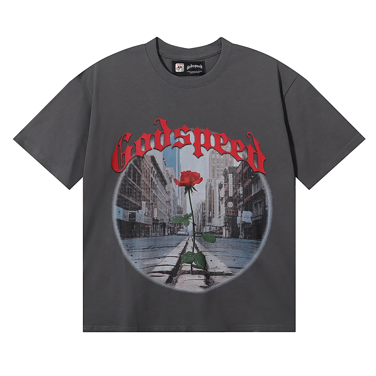 No. 7019, Mechao Godspeed street scene rose print high quality double yarn pure cotton casual short-sleeved T-shirt batch 110 Color: black, gray; Size: S M L XL