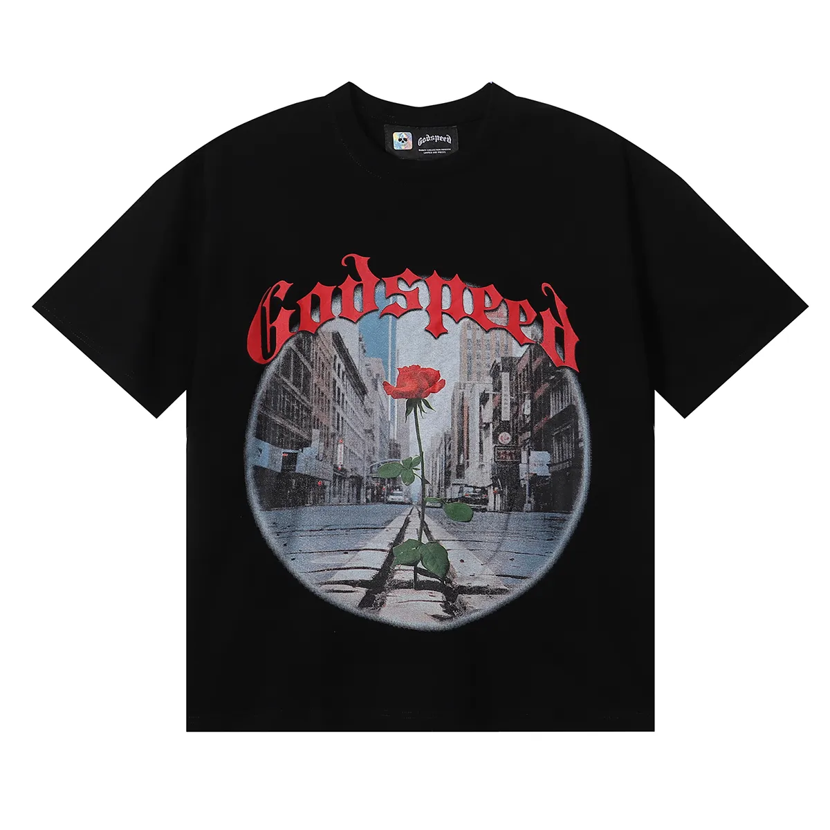 No. 7019, Mechao Godspeed street scene rose print high quality double yarn pure cotton casual short-sleeved T-shirt batch 110 Color: black, gray; Size: S M L XL