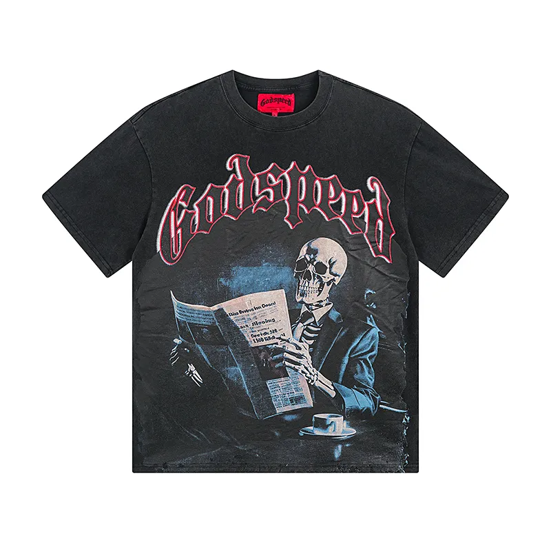 1079# P126 Washed Black Real Shot Godspeed American Fashion Rock Street Retro Washed Distressed Printed Pure Cotton Short Sleeves Fabric: 250g 32 Count Fine Cotton Double Yarn Pure Cotton Color: Washed Black Size: S M L XL