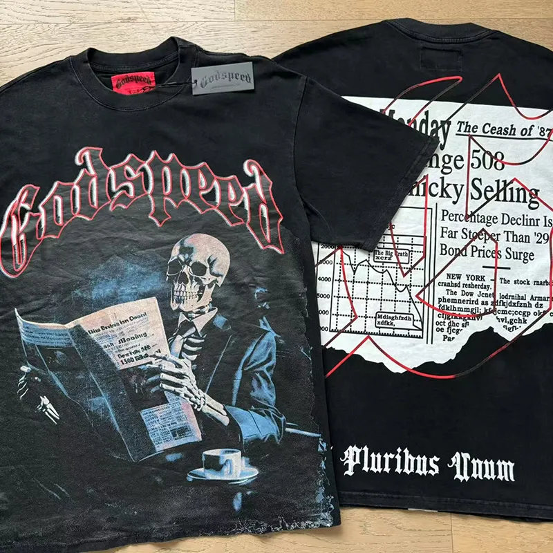 1079# P126 Washed Black Real Shot Godspeed American Fashion Rock Street Retro Washed Distressed Printed Pure Cotton Short Sleeves Fabric: 250g 32 Count Fine Cotton Double Yarn Pure Cotton Color: Washed Black Size: S M L XL