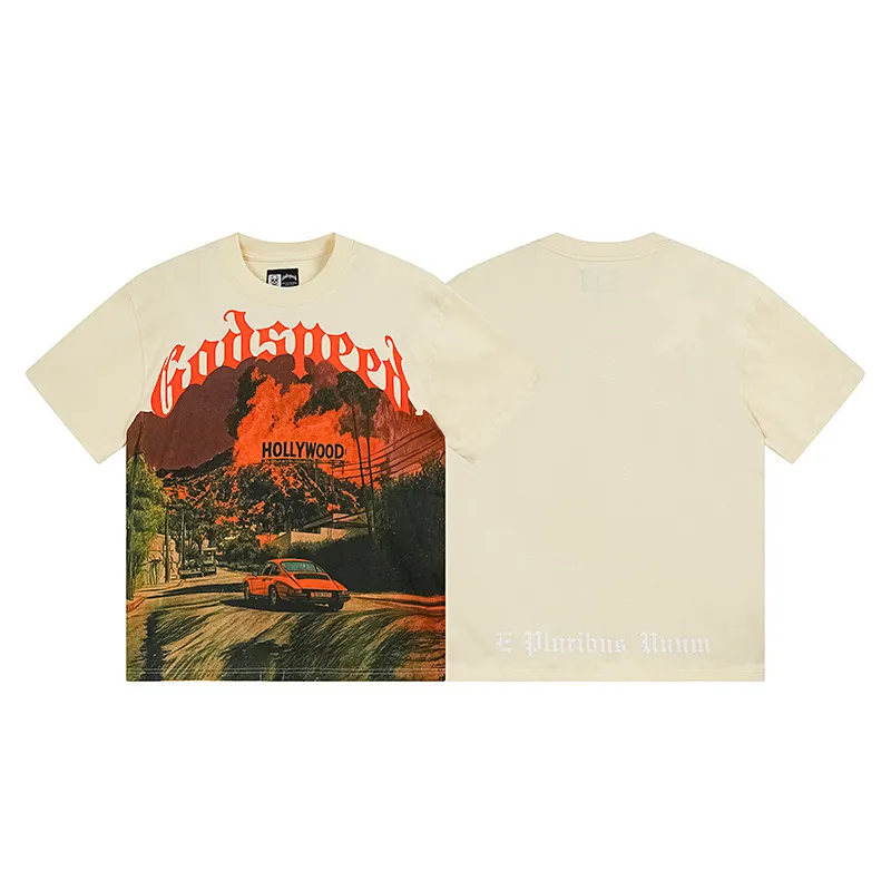 3163# P106 Real shot Godspeed American fashion rock street retro loose printed cotton short sleeves Fabric: 240g 32 count fine cotton double yarn pure cotton Color: apricot Size: S M L XL
