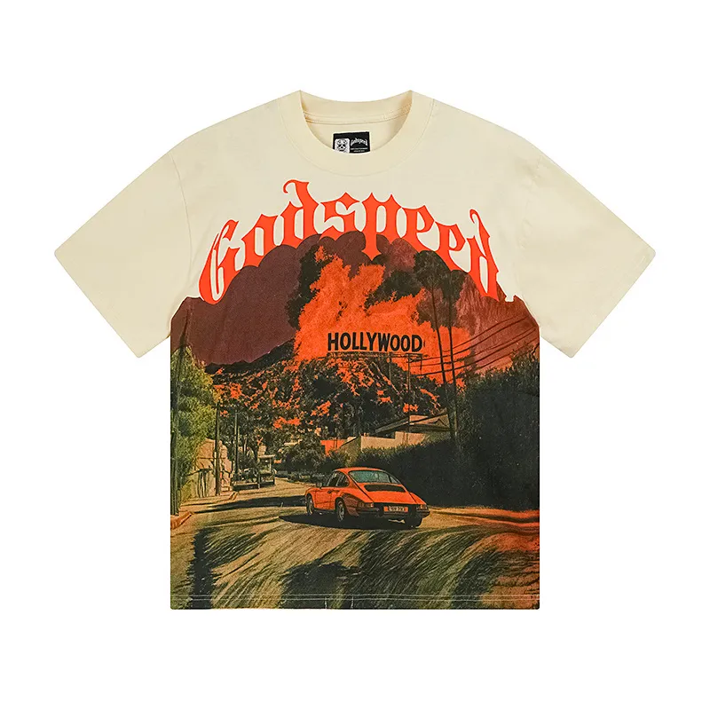 3163# P106 Real shot Godspeed American fashion rock street retro loose printed cotton short sleeves Fabric: 240g 32 count fine cotton double yarn pure cotton Color: apricot Size: S M L XL