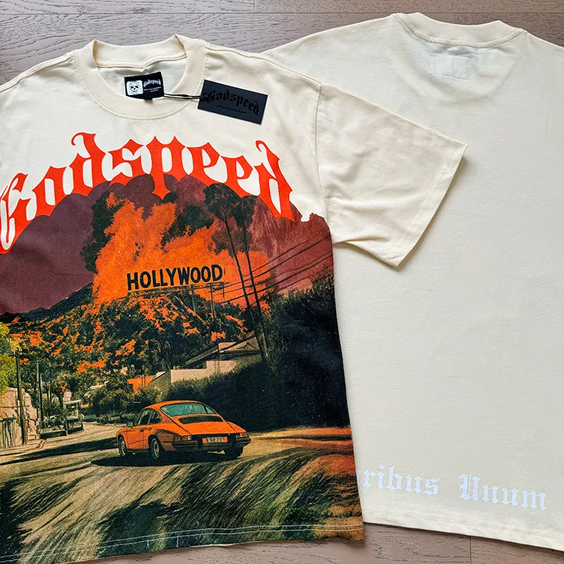 3163# P106 Real shot Godspeed American fashion rock street retro loose printed cotton short sleeves Fabric: 240g 32 count fine cotton double yarn pure cotton Color: apricot Size: S M L XL