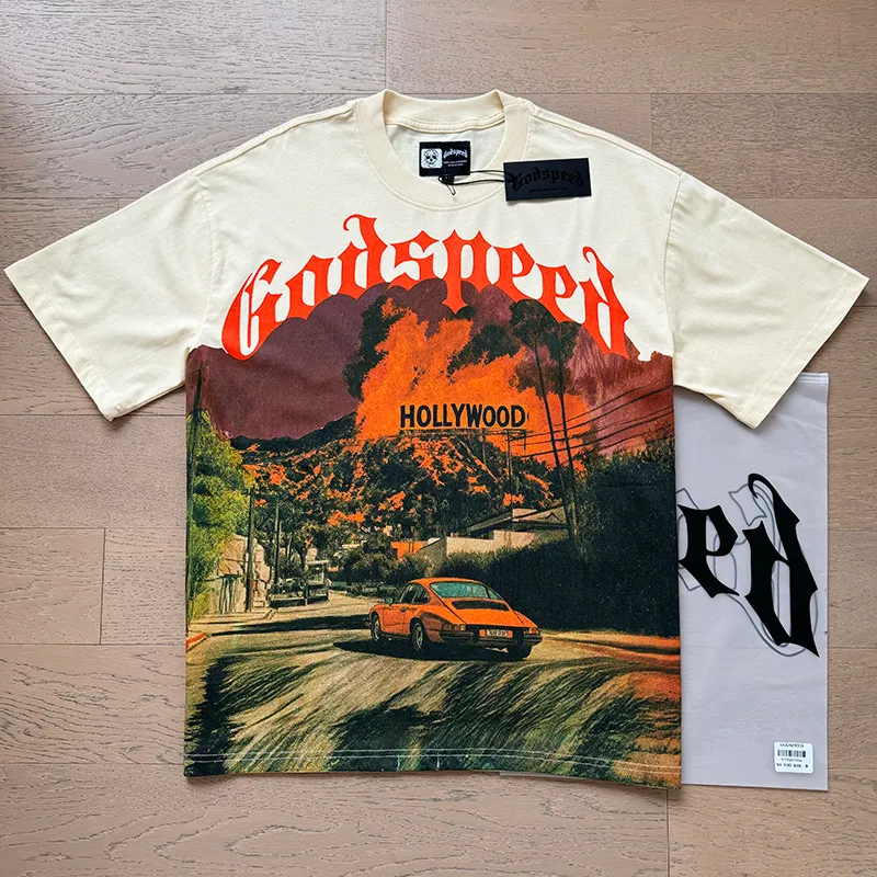 3163# P106 Real shot Godspeed American fashion rock street retro loose printed cotton short sleeves Fabric: 240g 32 count fine cotton double yarn pure cotton Color: apricot Size: S M L XL