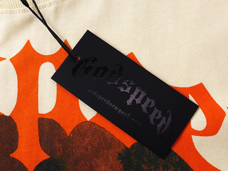 3163# P106 Real shot Godspeed American fashion rock street retro loose printed cotton short sleeves Fabric: 240g 32 count fine cotton double yarn pure cotton Color: apricot Size: S M L XL