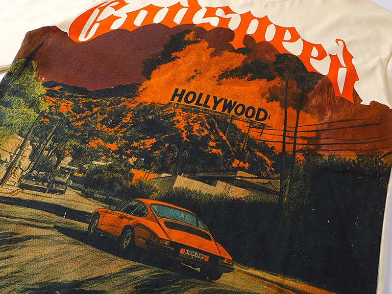 3163# P106 Real shot Godspeed American fashion rock street retro loose printed cotton short sleeves Fabric: 240g 32 count fine cotton double yarn pure cotton Color: apricot Size: S M L XL