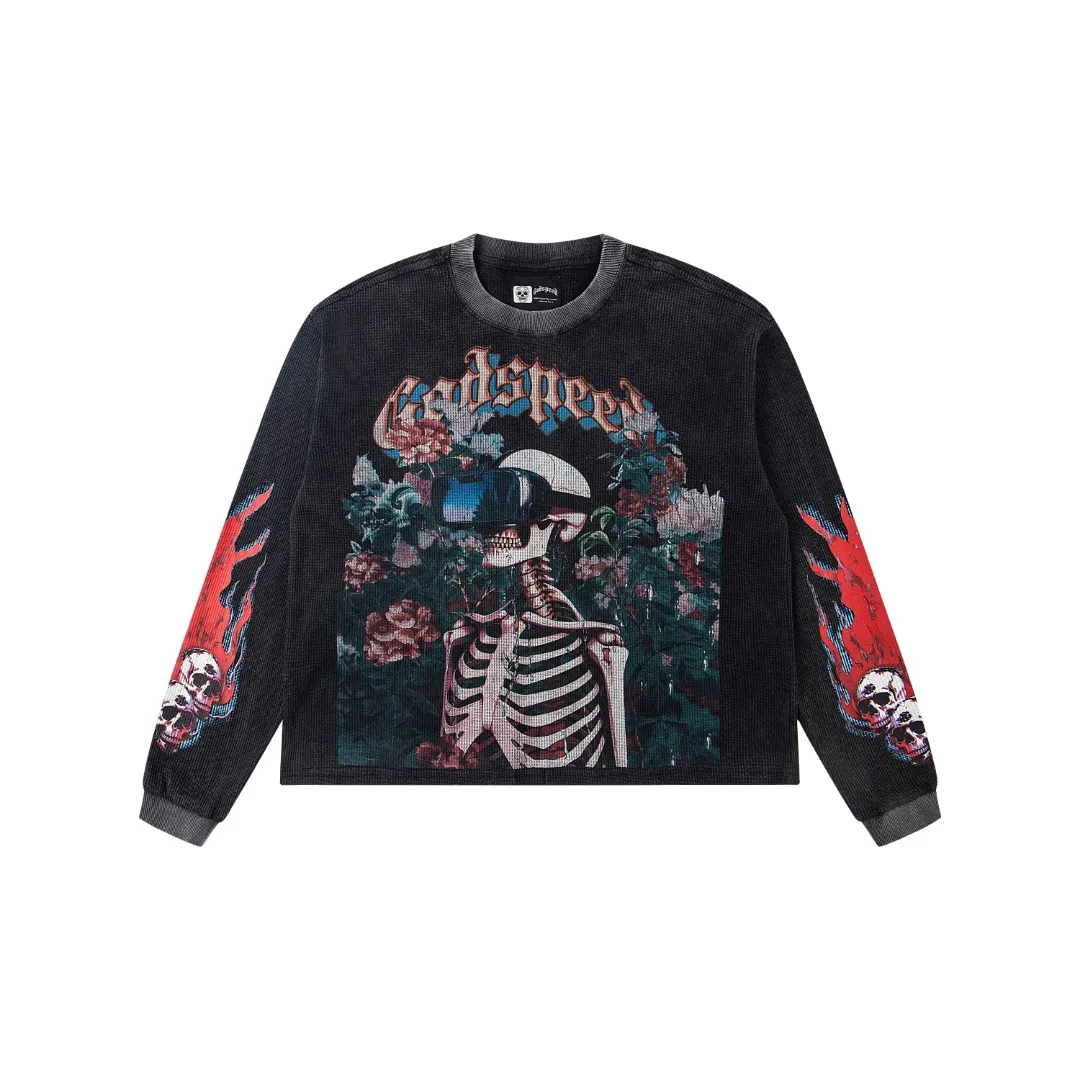 G12# GodSpeed ​​white ink direct spray long-sleeved waffle S-XL washed black P186 apricot P176