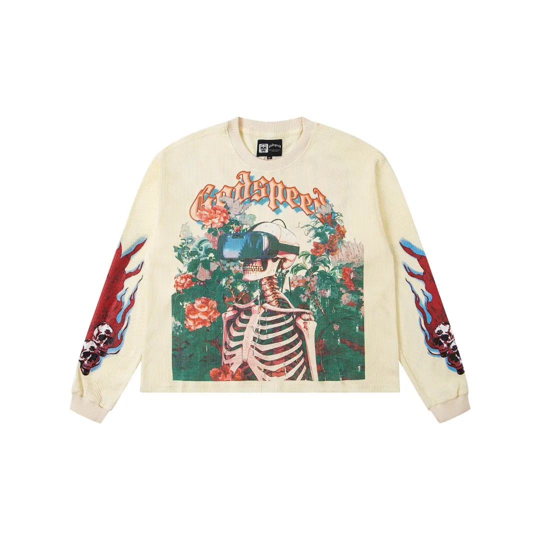 G12# GodSpeed ​​white ink direct spray long-sleeved waffle S-XL washed black P186 apricot P176