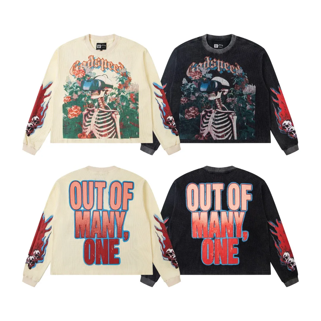 G12# GodSpeed ​​white ink direct spray long-sleeved waffle S-XL washed black P186 apricot P176