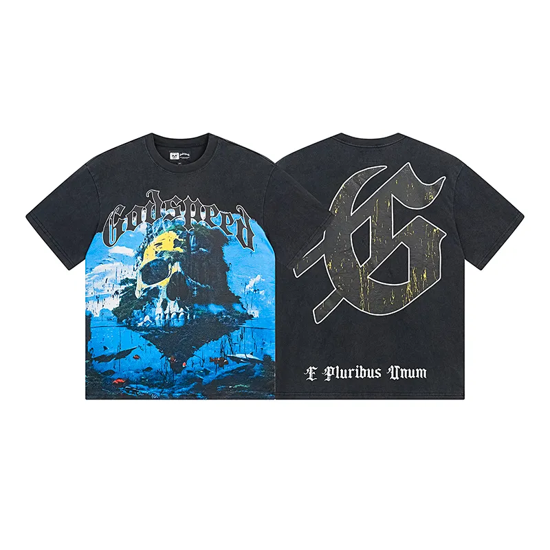 1083# P126 Washed Black Real Shot Godspeed American Fashion Rock Street Retro Washed Distressed Printed Cotton Short Sleeves Fabric: 250g 32 Count Fine Cotton Double Yarn Pure Cotton Color: Washed Black Size: S M L XL