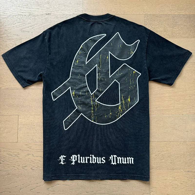 1083# P126 Washed Black Real Shot Godspeed American Fashion Rock Street Retro Washed Distressed Printed Cotton Short Sleeves Fabric: 250g 32 Count Fine Cotton Double Yarn Pure Cotton Color: Washed Black Size: S M L XL