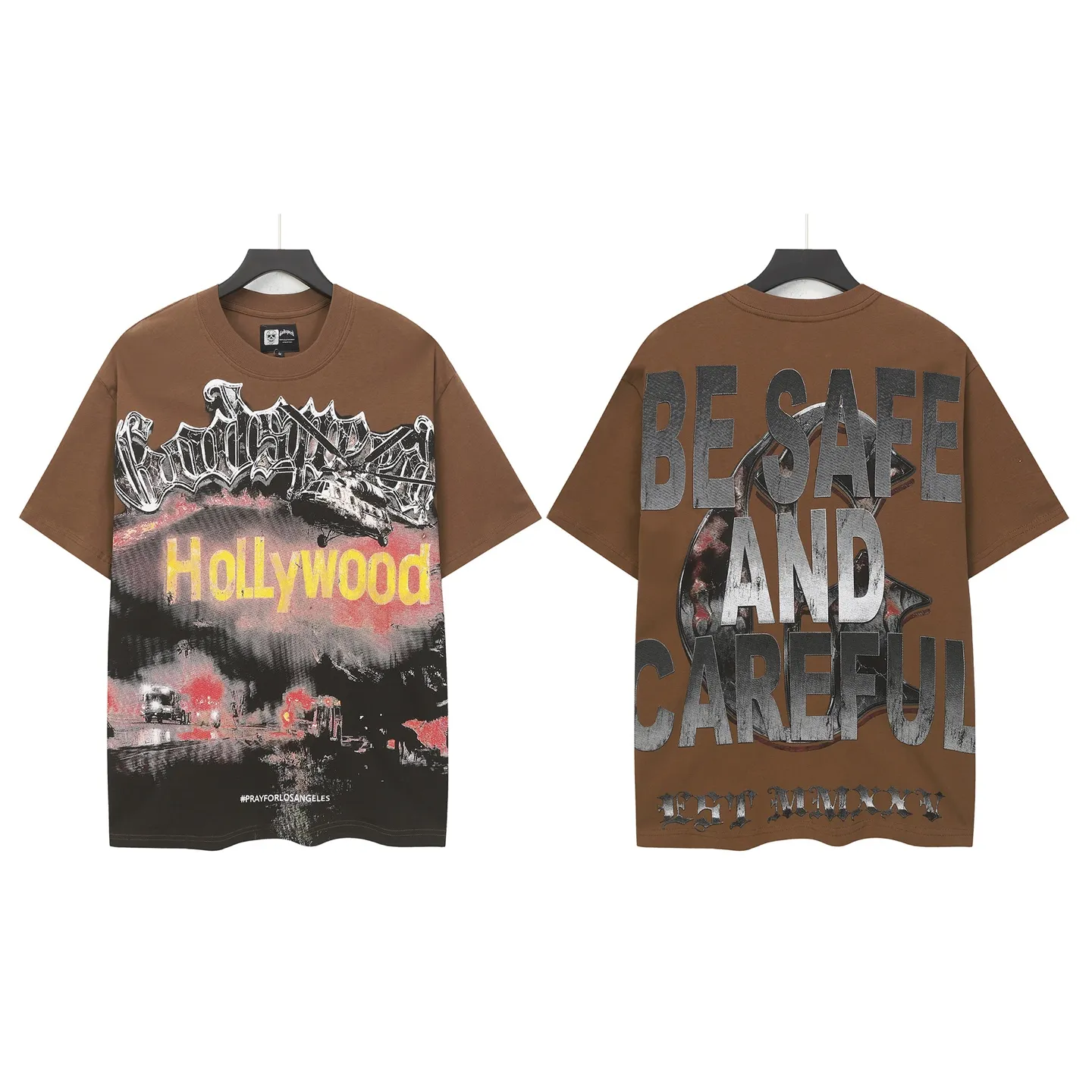 5127#coffee P106 Real shot in stock (exclusive new style) Los Angeles wildfire🔥 scene Godspeed cross-border American rock and roll street wash retro style short-sleeved T (craft printing) fabric (fabric): 32 count combed double yarn 240 grams weight code number (size): S-M-L-XL color (colour): brown