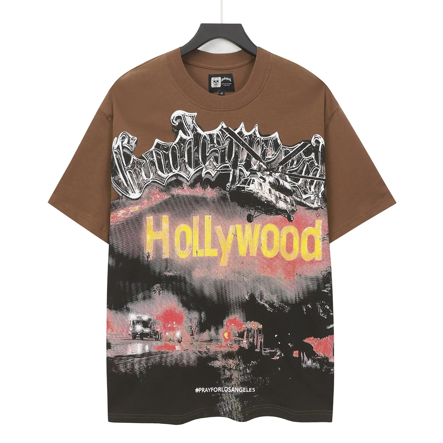 5127#coffee P106 Real shot in stock (exclusive new style) Los Angeles wildfire🔥 scene Godspeed cross-border American rock and roll street wash retro style short-sleeved T (craft printing) fabric (fabric): 32 count combed double yarn 240 grams weight code number (size): S-M-L-XL color (colour): brown