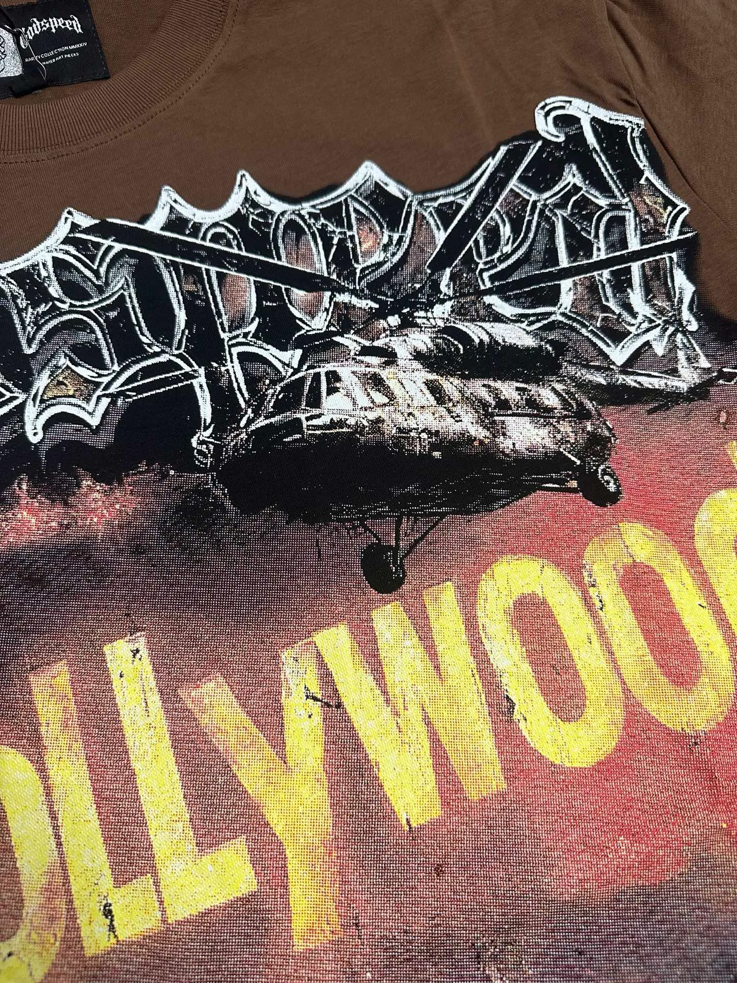 5127#coffee P106 Real shot in stock (exclusive new style) Los Angeles wildfire🔥 scene Godspeed cross-border American rock and roll street wash retro style short-sleeved T (craft printing) fabric (fabric): 32 count combed double yarn 240 grams weight code number (size): S-M-L-XL color (colour): brown