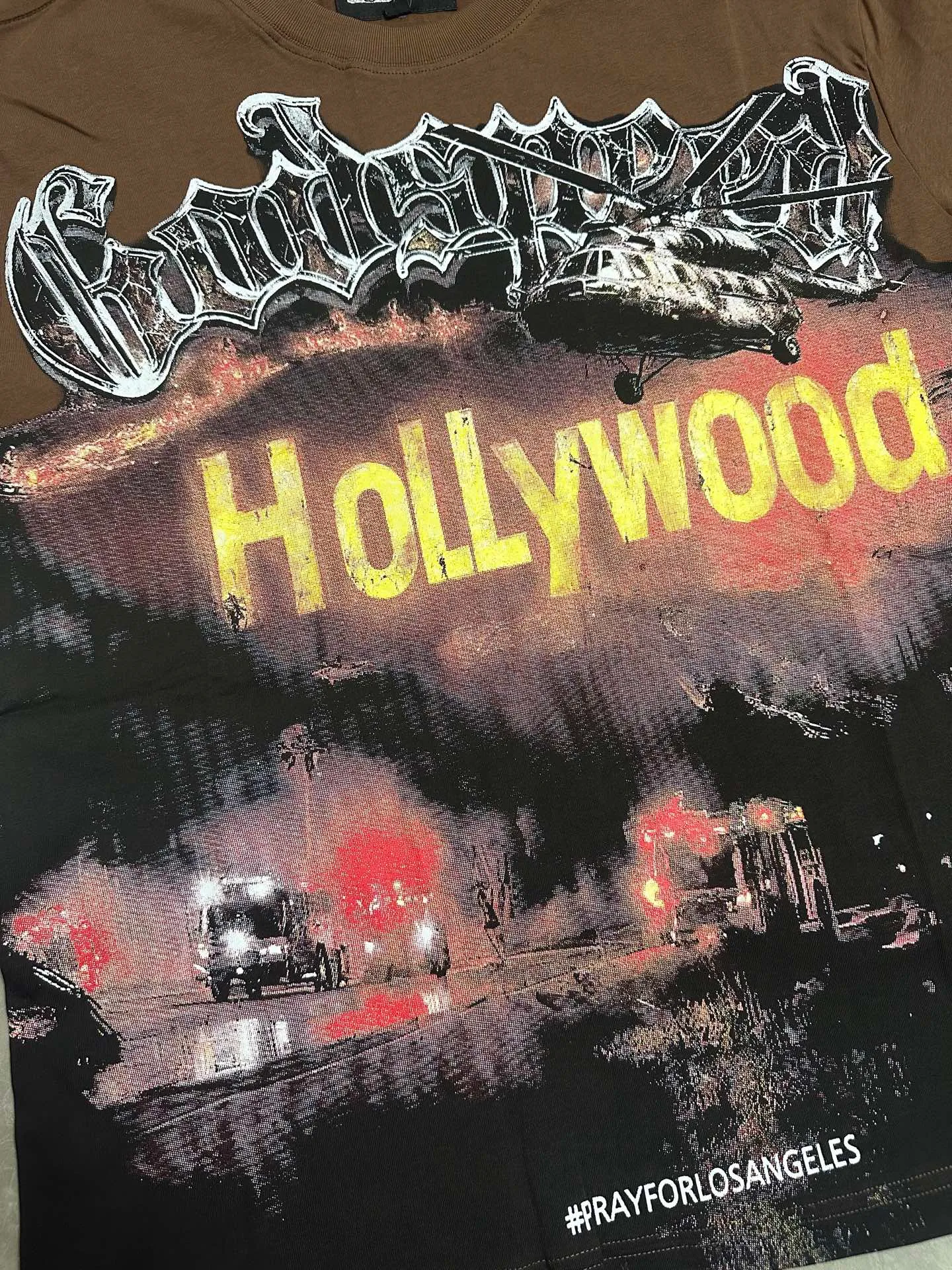 5127#coffee P106 Real shot in stock (exclusive new style) Los Angeles wildfire🔥 scene Godspeed cross-border American rock and roll street wash retro style short-sleeved T (craft printing) fabric (fabric): 32 count combed double yarn 240 grams weight code number (size): S-M-L-XL color (colour): brown