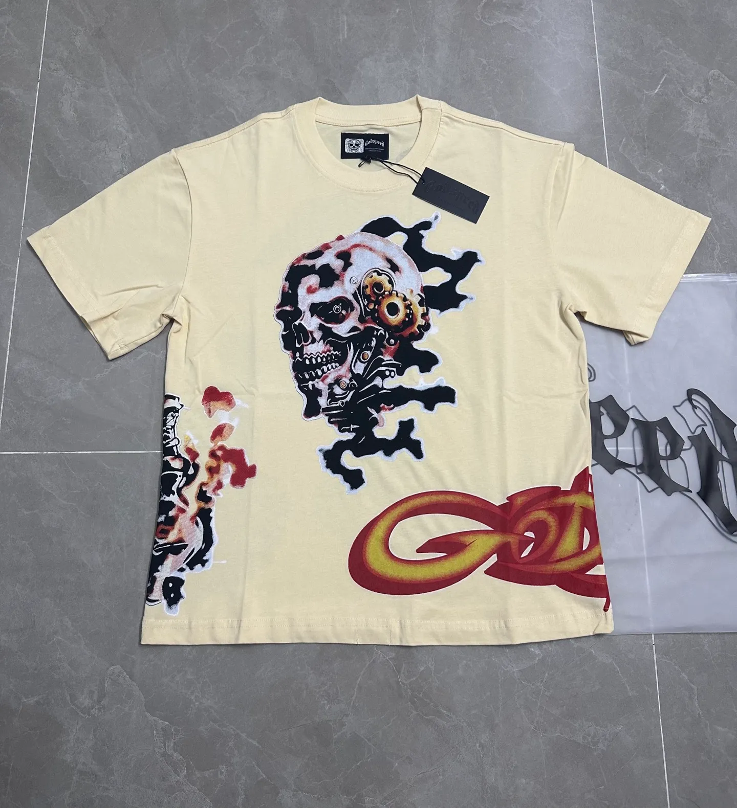 5315#｜Apricot I P104 Godspeed cross-border American rock and roll street washed retro style short-sleeved T (craft printing) fabric (fabric) 32 counts combed double yarn 240 grams weight code number (size): S-M-L-XL color (colour): apricot