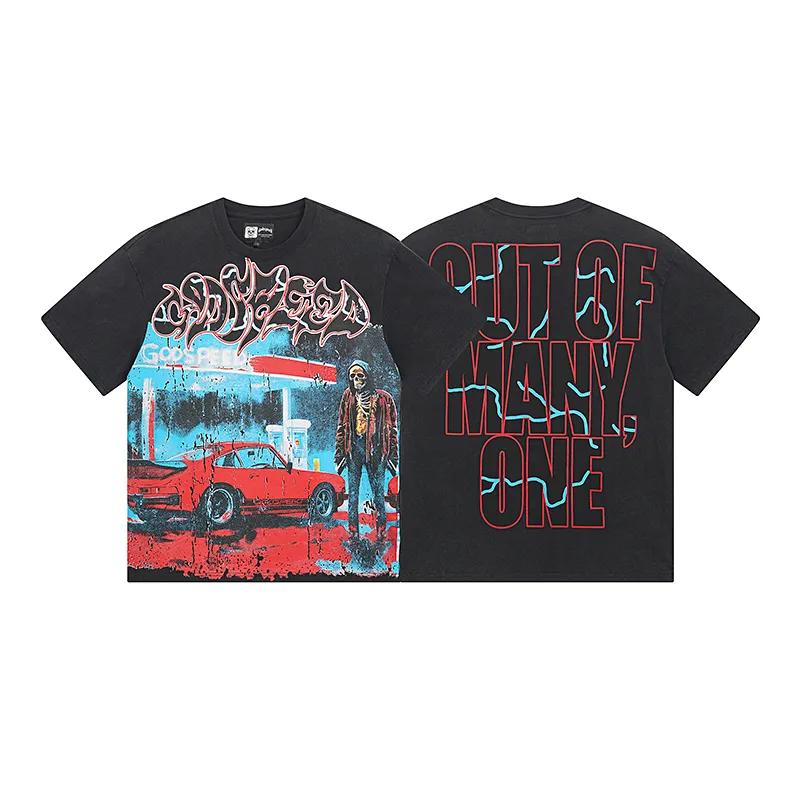 1031# P126 Washed Black Real Shot Godspeed American Fashion Rock Street Retro Washed Distressed Printed Pure Cotton Short Sleeves Fabric: 250g 32 Count Fine Cotton Double Yarn Pure Cotton Color: Washed Black Size: S M L XL