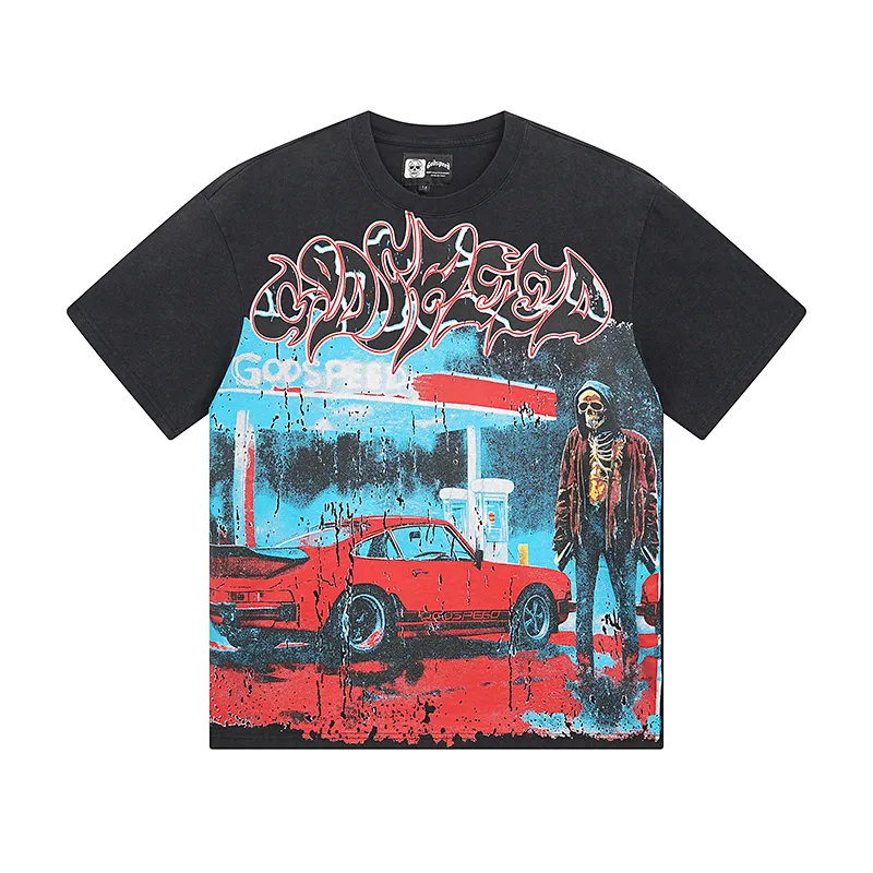 1031# P126 Washed Black Real Shot Godspeed American Fashion Rock Street Retro Washed Distressed Printed Pure Cotton Short Sleeves Fabric: 250g 32 Count Fine Cotton Double Yarn Pure Cotton Color: Washed Black Size: S M L XL