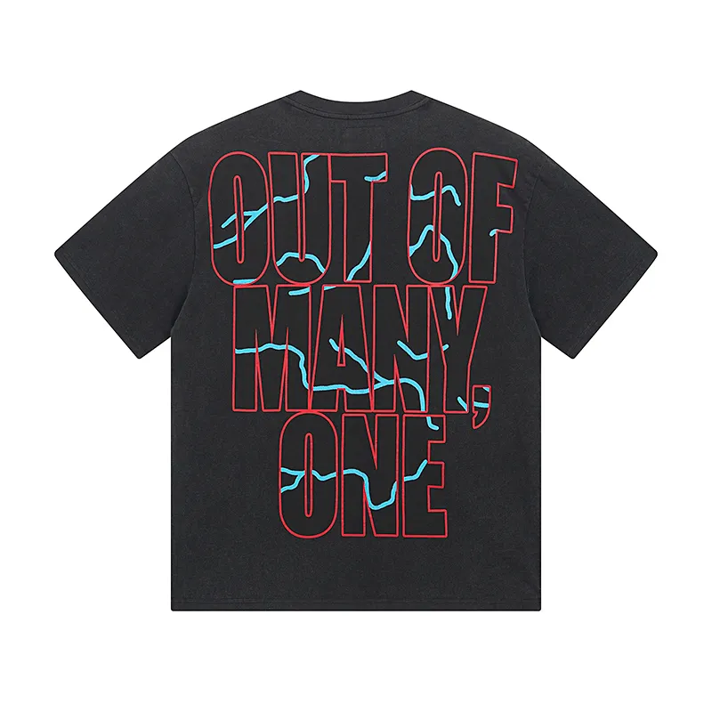 1031# P126 Washed Black Real Shot Godspeed American Fashion Rock Street Retro Washed Distressed Printed Pure Cotton Short Sleeves Fabric: 250g 32 Count Fine Cotton Double Yarn Pure Cotton Color: Washed Black Size: S M L XL