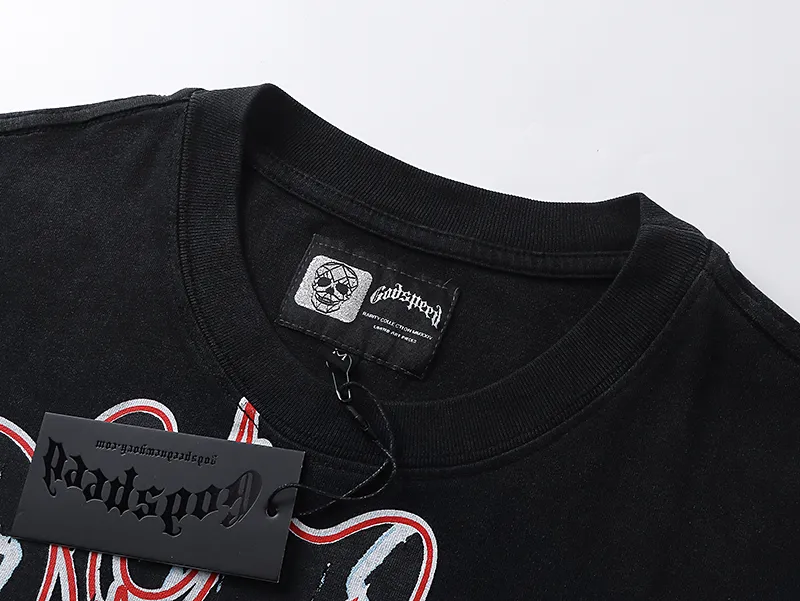 1031# P126 Washed Black Real Shot Godspeed American Fashion Rock Street Retro Washed Distressed Printed Pure Cotton Short Sleeves Fabric: 250g 32 Count Fine Cotton Double Yarn Pure Cotton Color: Washed Black Size: S M L XL