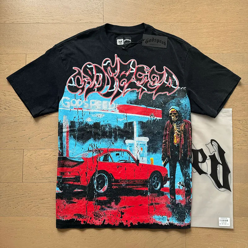 1031# P126 Washed Black Real Shot Godspeed American Fashion Rock Street Retro Washed Distressed Printed Pure Cotton Short Sleeves Fabric: 250g 32 Count Fine Cotton Double Yarn Pure Cotton Color: Washed Black Size: S M L XL
