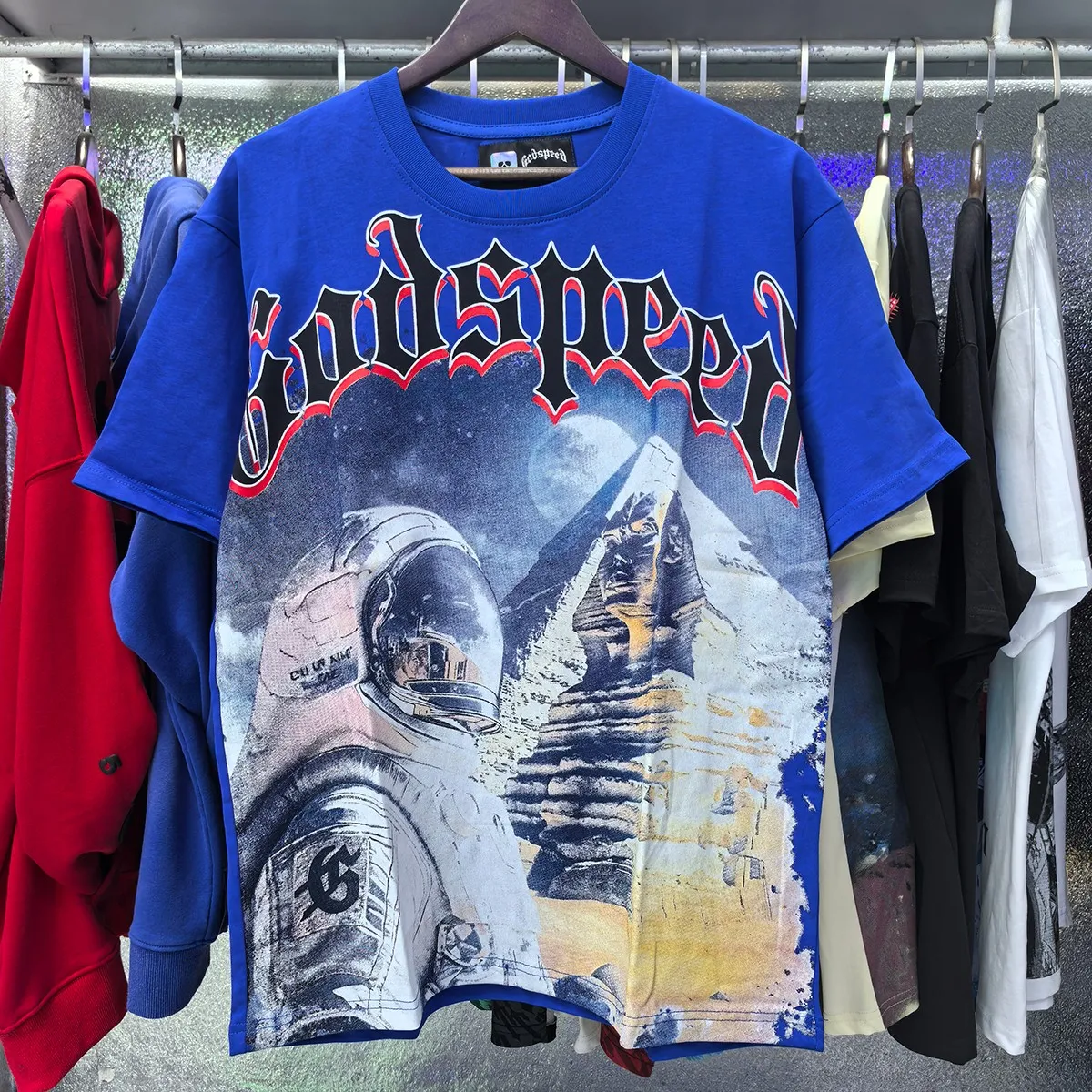 Actual photo, No. 7053, Mechao Godspeed spacesuit pyramid print high quality double yarn pure cotton casual round neck short-sleeved T-shirt batch 110 Color: black, blue; Size: S M L XL