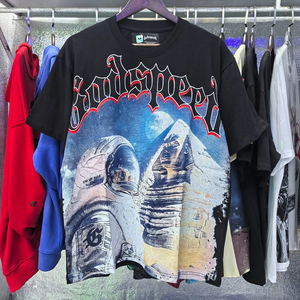 Actual photo, No. 7053, Mechao Godspeed spacesuit pyramid print high quality double yarn pure cotton casual round neck short-sleeved T-shirt batch 110 Color: black, blue; Size: S M L XL