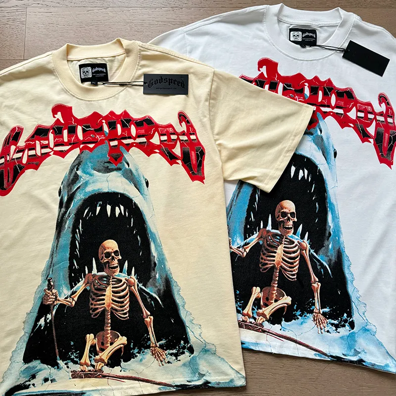 3035# P110 Real shot Godspeed American fashion rock street retro loose printed cotton short sleeves Fabric: 240g 32 count fine cotton double yarn pure cotton Color: off-white apricot Size: S M L XL