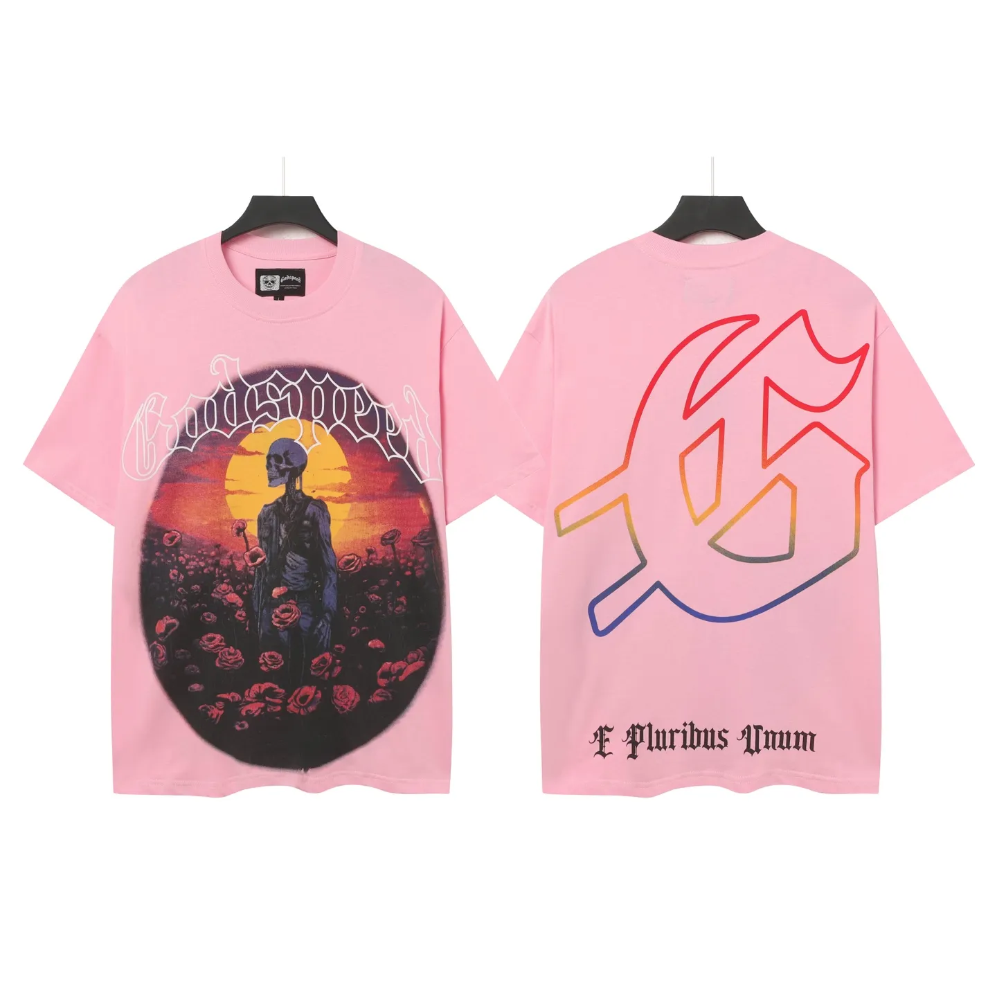5026#pink｜P104 Godspeed cross-border American rock and roll street washed retro style short-sleeved T (craft printing) fabric (fabric) 32-count combed double yarn 240 grams weight code number (size): S-M-L-XL color (colour): pink