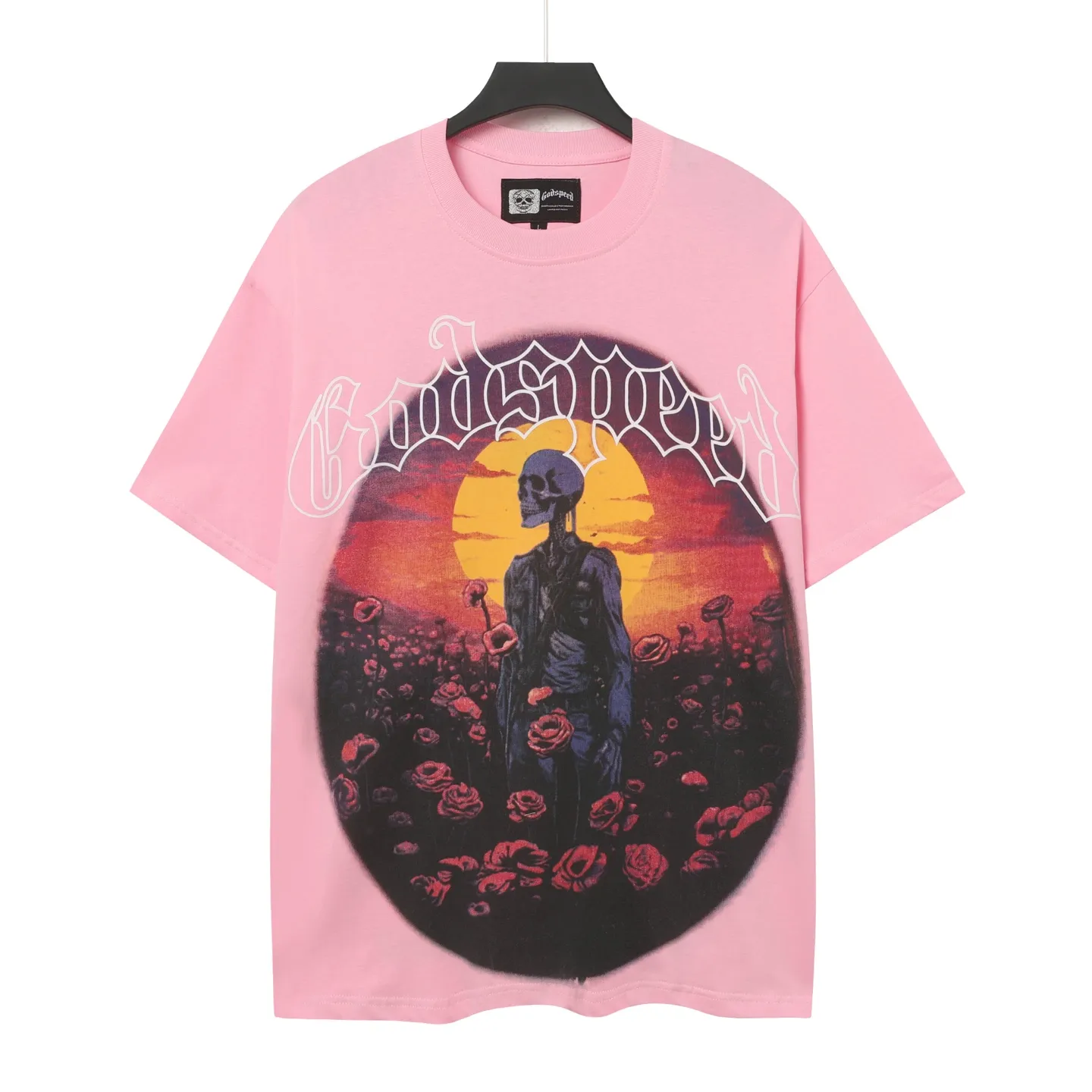 5026#pink｜P104 Godspeed cross-border American rock and roll street washed retro style short-sleeved T (craft printing) fabric (fabric) 32-count combed double yarn 240 grams weight code number (size): S-M-L-XL color (colour): pink