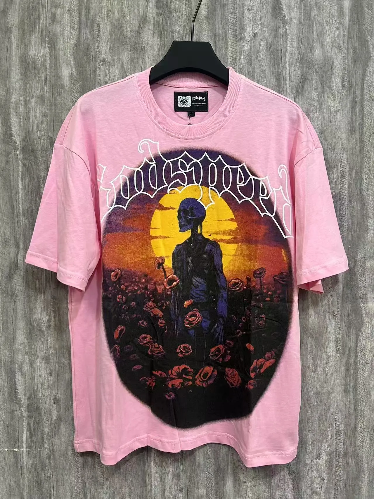 5026#pink｜P104 Godspeed cross-border American rock and roll street washed retro style short-sleeved T (craft printing) fabric (fabric) 32-count combed double yarn 240 grams weight code number (size): S-M-L-XL color (colour): pink