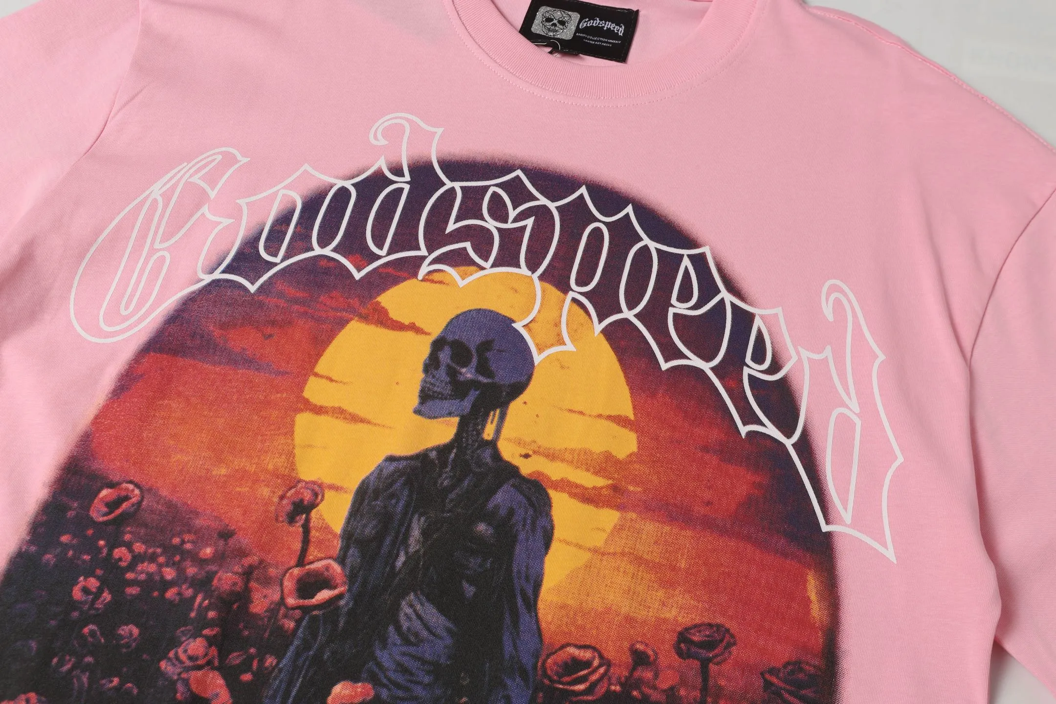 5026#pink｜P104 Godspeed cross-border American rock and roll street washed retro style short-sleeved T (craft printing) fabric (fabric) 32-count combed double yarn 240 grams weight code number (size): S-M-L-XL color (colour): pink