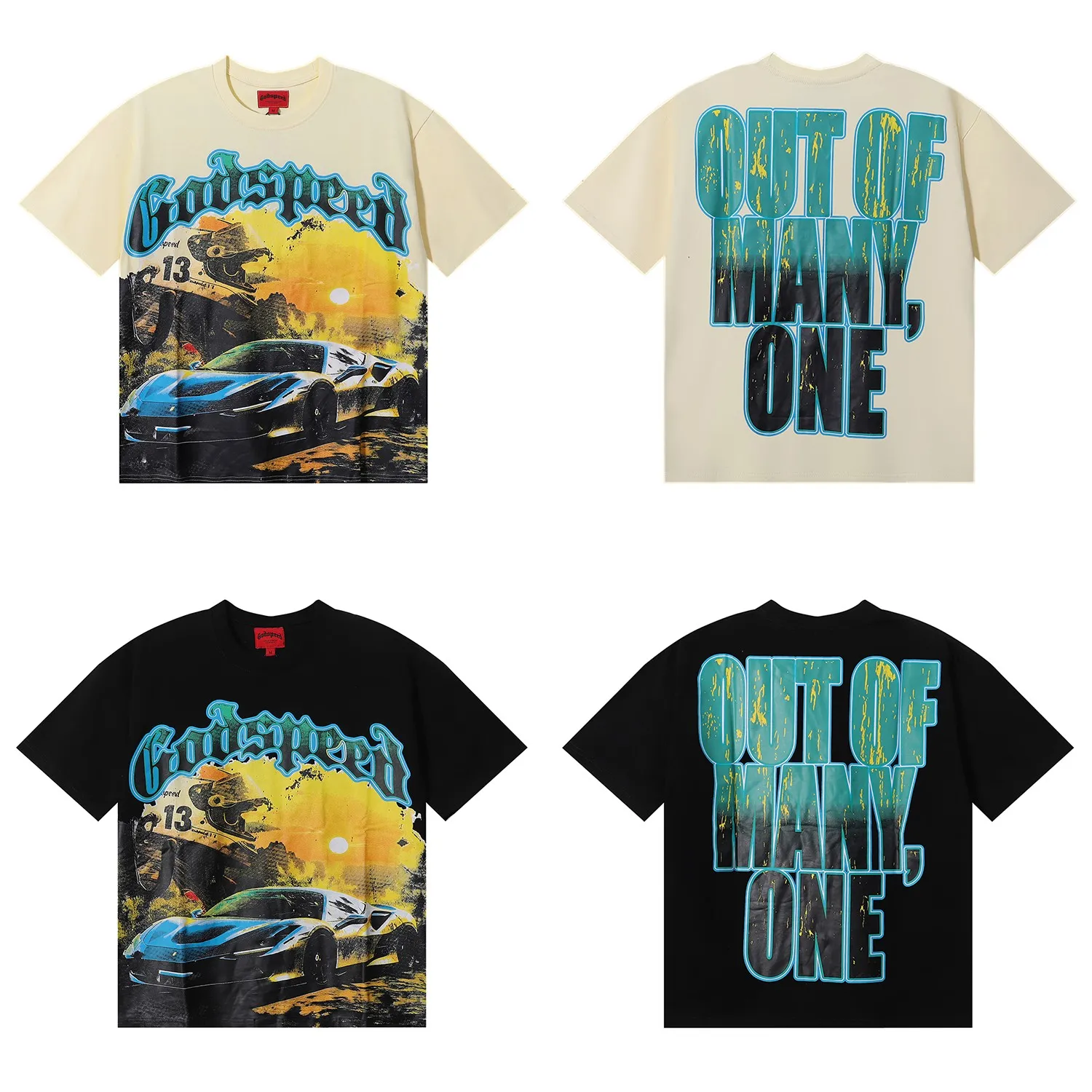 No. 7011, Mechao Godspeed racing sunset print high quality double yarn pure cotton round neck short-sleeved T-shirt batch 110 Color: black, apricot; Size: S M L XL